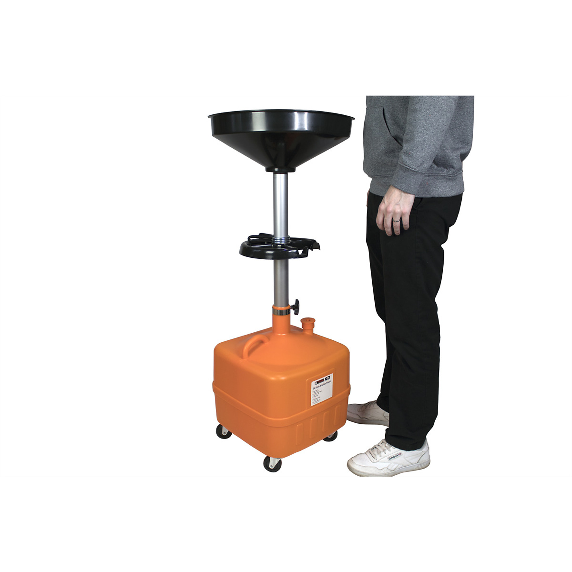 Oil Drain, Polyethylene, 9-Gal., 16.5in. Funnel, Adjustable Height with Tool Tray, Model# KTI74550XD